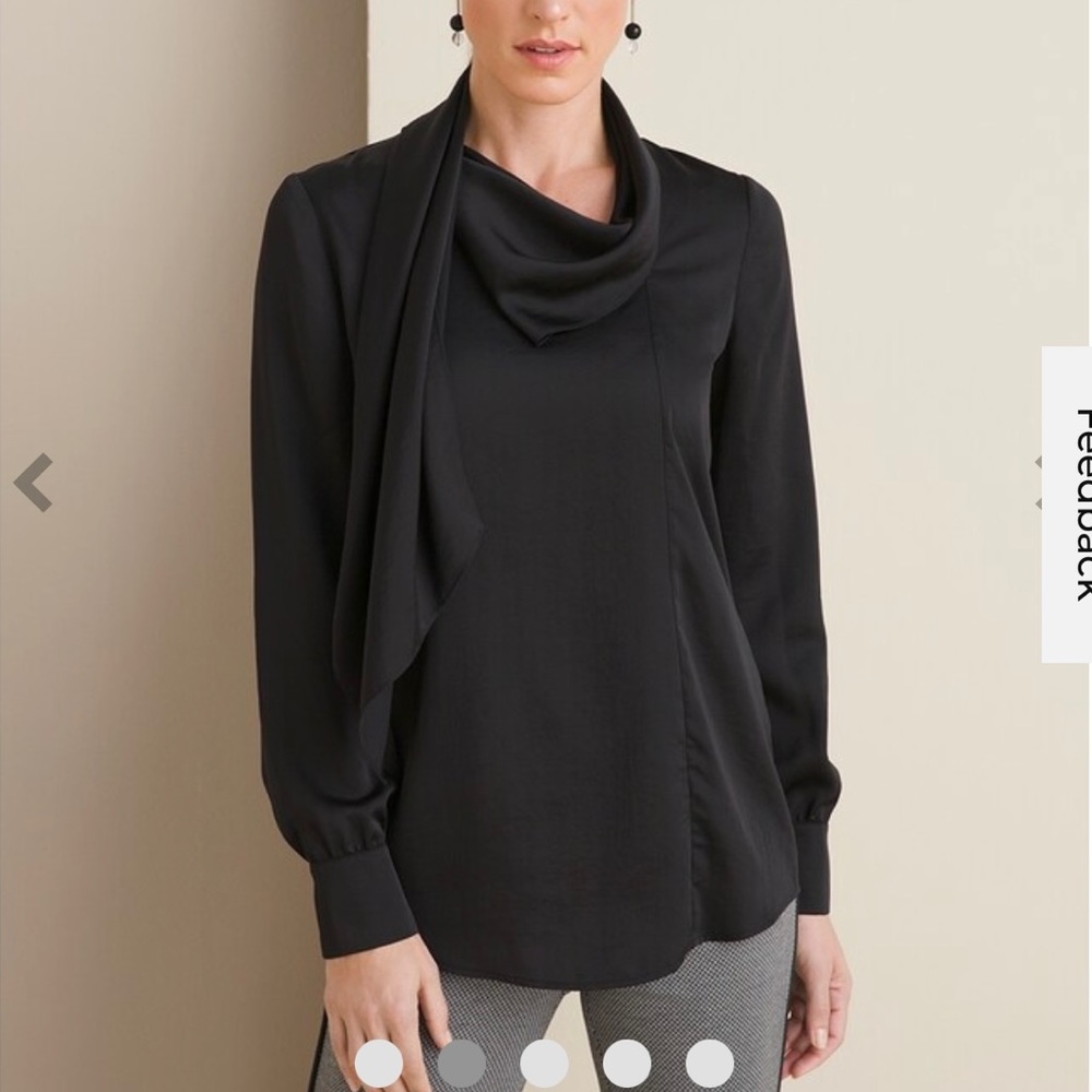 Chico’s wrap-neck black blouse, attached scarf feature, size 2; great condition